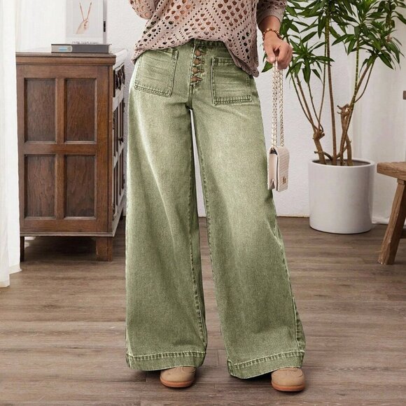Denim - Army Green Casual Women's Wide Leg Patchwork Loose Jeans